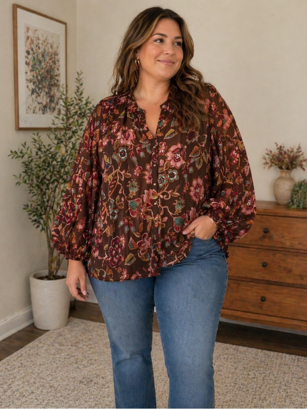 Rose & Olive Boho Floral Blouse 1X Brown Cottagecore Flowy Button Front Earthy